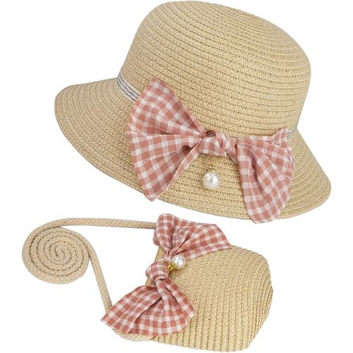Chapeaux De Paille Filles Et Petit Sac Ensemble Avec Décoration Bowknot Chapeau De Soleil D'été Enfant Pour Plage Voyage Randonée.[Z1058]