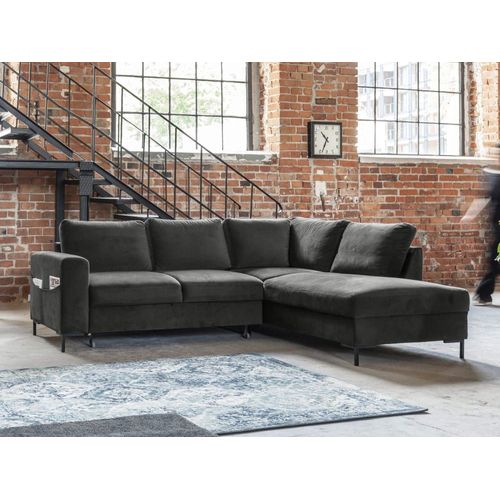 Canapé D'angle Droit Convertible 5 Places En Velours Gris Foncé