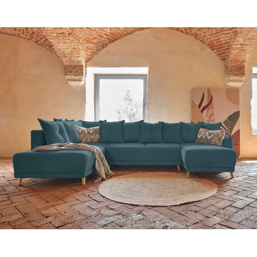 Canapé Panoramique 7 Places Angle Gauche En Tissu Bleu Turquoise