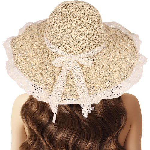 Chapeau De Paille Pour Femme Avec Dentelle-Chapeau De Soleil À Large Bord Pliable-Chapeau De Paille En Crochet Élégant.[Z332]