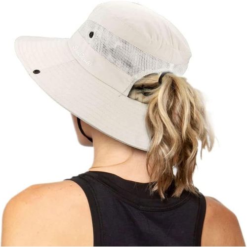 Chapeau De Pêche De Plage Pliable De Protection Uv Pour Femme En Maille À Large Bord Avec Trou De Queue De Cheval.[Z339]