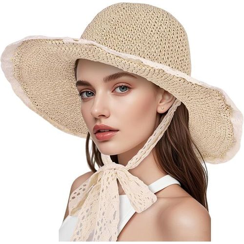 Chapeau De Paille Pour Femme Avec Dentelle-Chapeau De Soleil À Large Bord Pliable-Chapeau De Paille En Crochet Élégant.[Z333]