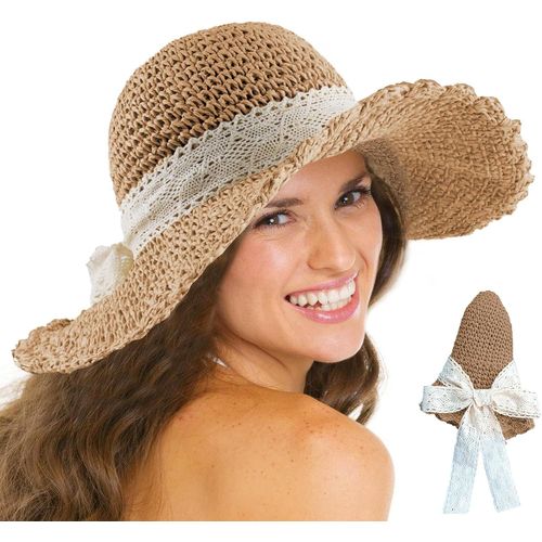 Chapeau De Paille Pour Femme-Chapeau De Soleil,Chapeau Pliable Pour Dame Avec Sangle En Dentelle Protection Solaire-Chapeau De Randonnée Upf Uv-Chapeau Plage Femme.[Z1387]