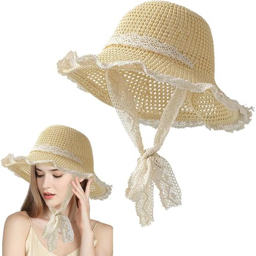 Chapeau Femme Ete Dentelle,Chapeau De Soleil À Large Bord,Doux Chapeaux Plage,Chapeaux Anti Uv Femme Pour La Plage,La Pêche,La Randonnée (Beige)