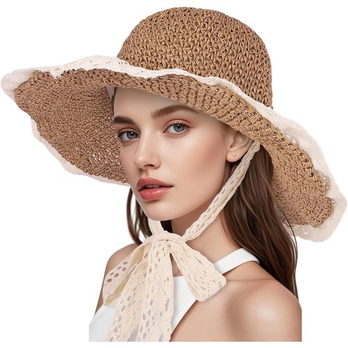 Chapeau De Paille Pour Femme Avec Dentelle-Chapeau De Soleil À Large Bord Pliable-Chapeau De Paille En Crochet Élégant.[Z334]