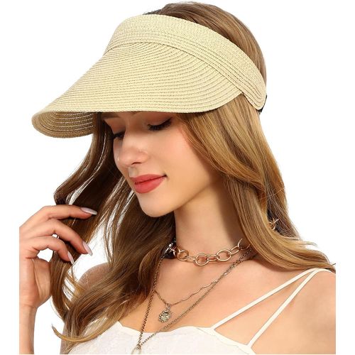 Chapeau Femme Soleil Casquettes Visière De Paille Bord Large Anti Uv D'été Plage Pliable Bonnets Upf 50.[Z1592]