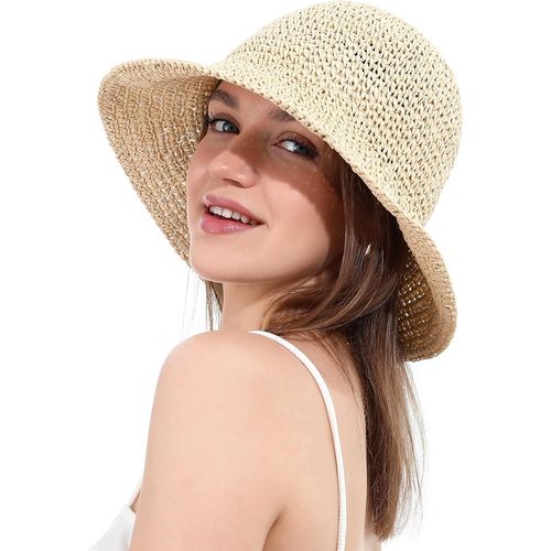 Chapeau De Soleil Femme En Paille Tressée Large Bord Reversible Plage Bob Pliable Été Voyage Protection Uv Upf50+.[Z1426]