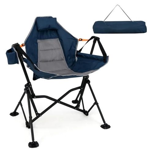 Chaise De Camping Pliable En Tissu Costway, Porte-Gobelet, Siège Large Rembourré, Dossier Réglable, Appuie-Tête, Charge 150kg, Bleu
