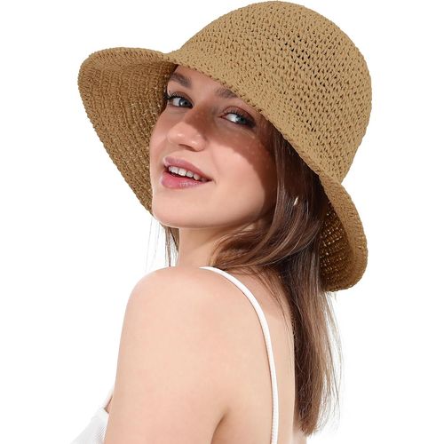 Chapeau De Soleil Femme En Paille Tressée Large Bord Reversible Plage Bob Pliable Été Voyage Protection Uv Upf50+.[Z1427]