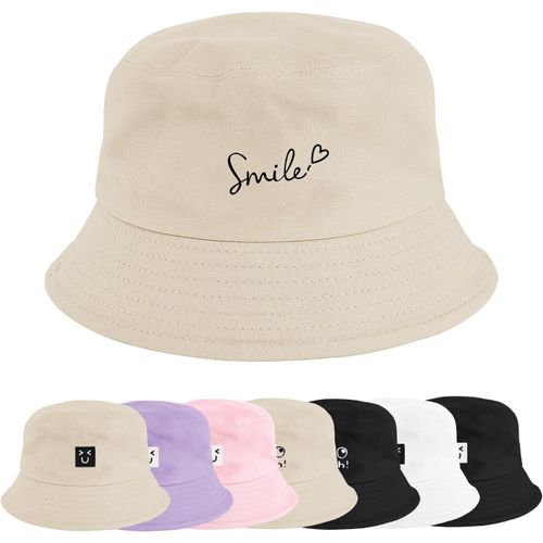 Chapeaux De Seau Visage Souriant Femme Homme,Bob En Coton De Soleil Anti-Uv Chapeau De Pêcheur Pliable Été Unisexe Bucket Hat 56-58cm.[Z1460]