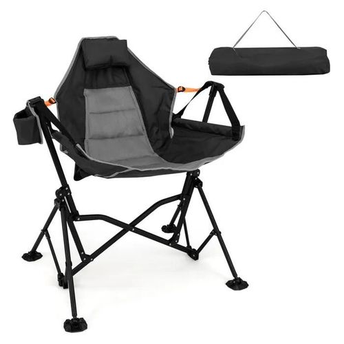 Chaise De Camping Pliable En Tissu Costway, Porte-Gobelet, Siège Large Rembourré, Dossier Réglable, Appuie-Tête, Charge 150kg, Noir