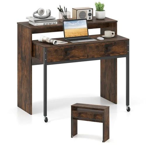 Costway Bureau D'ordinateur Rétractable - 2 Tiroirs Et Roulettes - 100 X 63 X 88 Cm - Coiffeuse Compacte Pour Salon, Chambre Marron