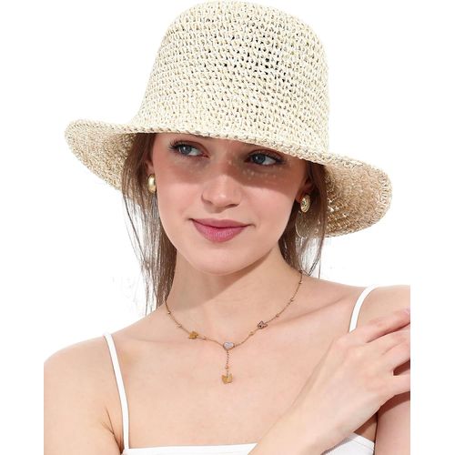 Chapeau De Soleil Femme En Paille Tressée Large Bord Reversible Plage Bob Pliable Été Voyage Protection Uv Upf50+.[Z1424]