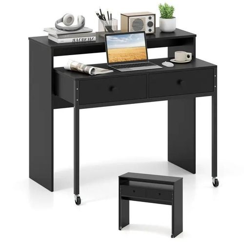 Costway Bureau D'ordinateur Rétractable - 2 Tiroirs Et Roulettes - 100 X 63 X 88 Cm - Coiffeuse Compacte Pour Salon, Chambre Noir