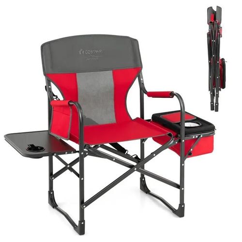 Chaise De Camping Pliante Rouge Costway, Table Latérale, Sac Isotherme, Charge 180kg, Sac De Rangement, Sangle Portable, Pour Pêche