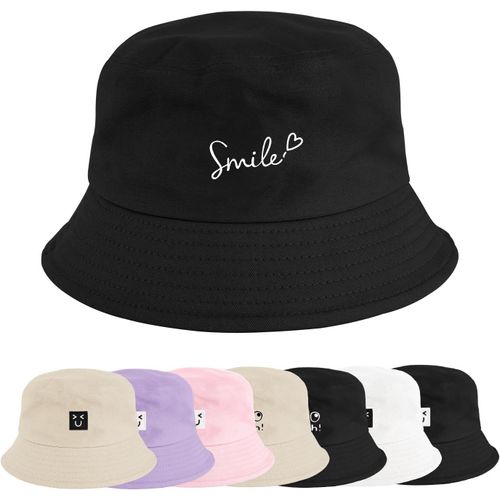 Chapeaux De Seau Visage Souriant Femme Homme,Bob En Coton De Soleil Anti-Uv Chapeau De Pêcheur Pliable Été Unisexe Bucket Hat 56-58cm.[Z1461]