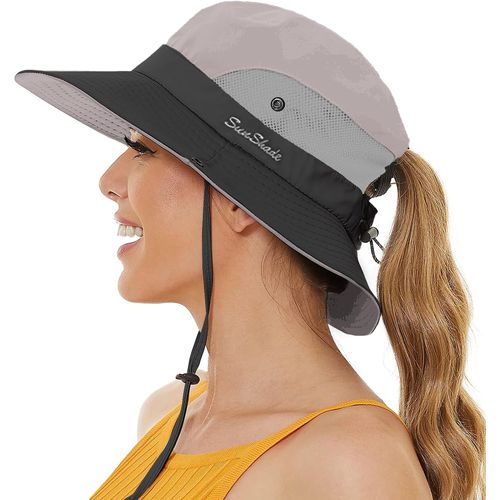 Chapeau De Soleil Femme Protection Solaire Chapeaux De Randonnée Brousse De Queue De Cheval Large Bord Pliable Pour Safari Pêche.[Z693]