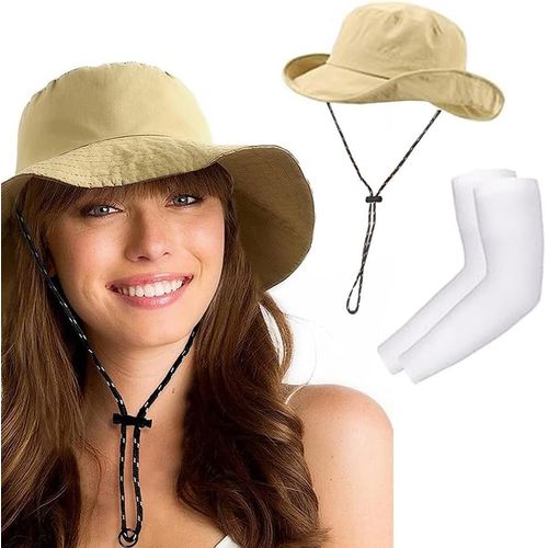 Chapeau De Soleil Pliable Portable Extérieur Chapeau D'été Chapeau De Pêche Unisexe Avec Une Paire De Manchette Anti Uv