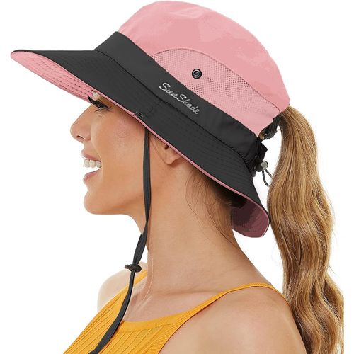Chapeau De Soleil Femme Protection Solaire Chapeaux De Randonnée Brousse De Queue De Cheval Large Bord Pliable Pour Safari Pêche.[Z691]