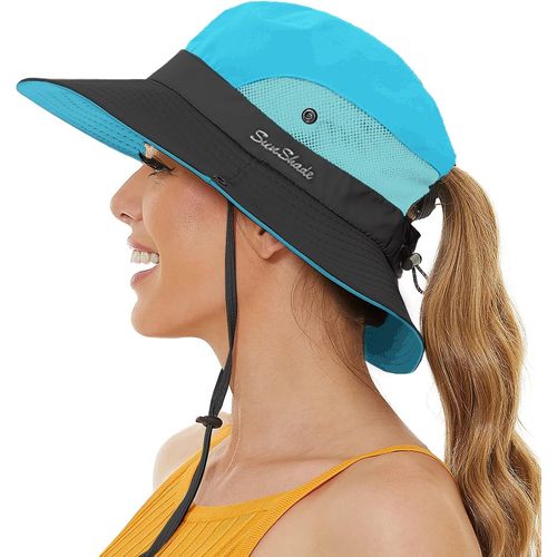 Chapeau De Soleil Femme Protection Solaire Chapeaux De Randonnée Brousse De Queue De Cheval Large Bord Pliable Pour Safari Pêche.[Z696]