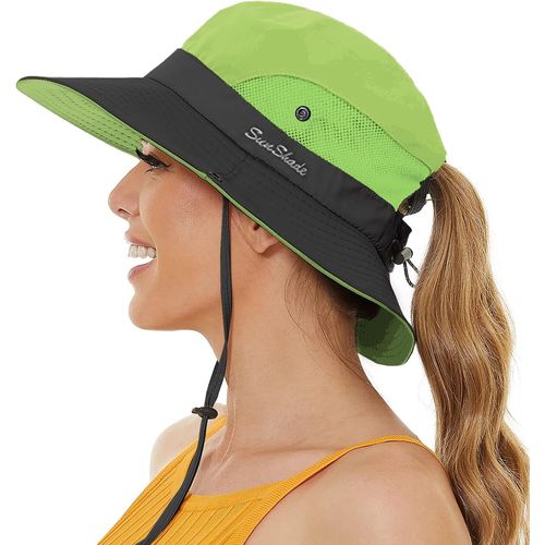 Chapeau De Soleil Femme Protection Solaire Chapeaux De Randonnée Brousse De Queue De Cheval Large Bord Pliable Pour Safari Pêche.[Z694]