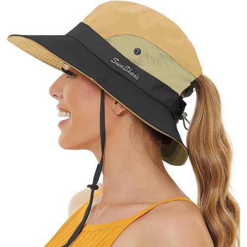 Chapeau De Soleil Femme Protection Solaire Chapeaux De Randonnée Brousse De Queue De Cheval Large Bord Pliable Pour Safari Pêche.[Z695]