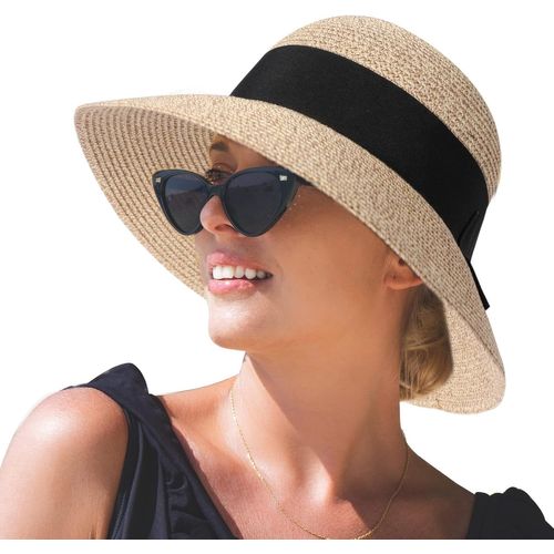 Comhats Chapeau De Paille À Large Bord Pour Femme,Chapeau D¿Été Pliable Avec N?Ud Papillon Pour La Plage,Convient Pour Queue De Cheval,Upf 50.[Z960]