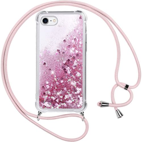 Eryi-Coque Pour Iphone 6/Iphone 6s Avec Cordon,Paillette Liquide Transparent Crystal Glitter Housse,Protection Antichoc Silicone Souple Tpu Bumper Case,Réglable Collier Pour Iphone 6s,Rose