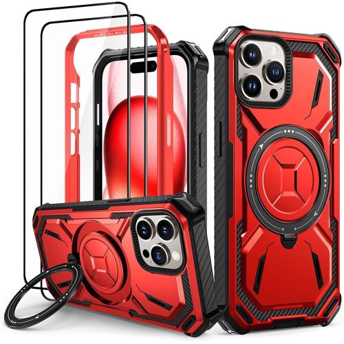 Eryi-Coque Iphone 15 Pro Avec 2 Verre Trempé, Antichoc Étui De Militaire Protection, Anneau Support Renforcée Armure Etui Pour Iphone 15 Pro Housse, Rouge