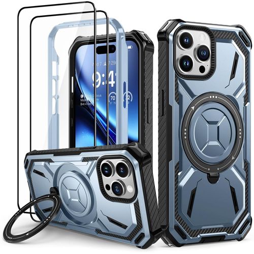Eryi-Coque Iphone 15 Pro Avec 2 Verre Trempé, Antichoc Étui De Militaire Protection, Anneau Support Renforcée Armure Etui Pour Iphone 15 Pro Housse, Bleu