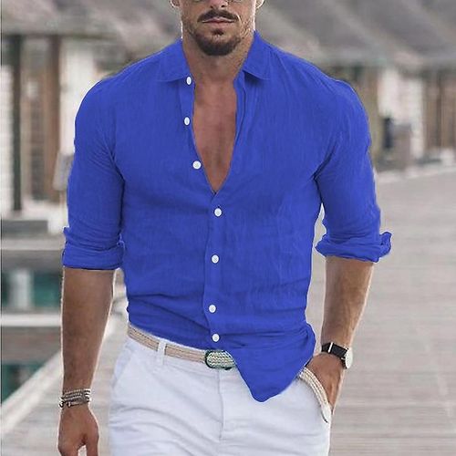 Chemise De Plage À Revers En Coton Et Lin Pour Hommes, Bleu Foncé Xxxl
