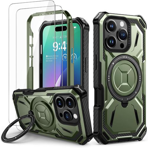 Eryi-Coque Pour Iphone 16 Pro Avec 2 Verre Trempé, Antichoc Étui De Militaire Protection, Anneau Support Renforcée Armure Etui Pour Iphone 16 Pro Housse, Vert