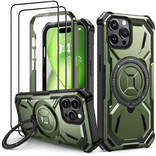Eryi-Coque Iphone 15 Pro Avec 2 Verre Trempé, Antichoc Étui De Militaire Protection, Anneau Support Renforcée Armure Etui Iphone 15 Pro Housse, Vert