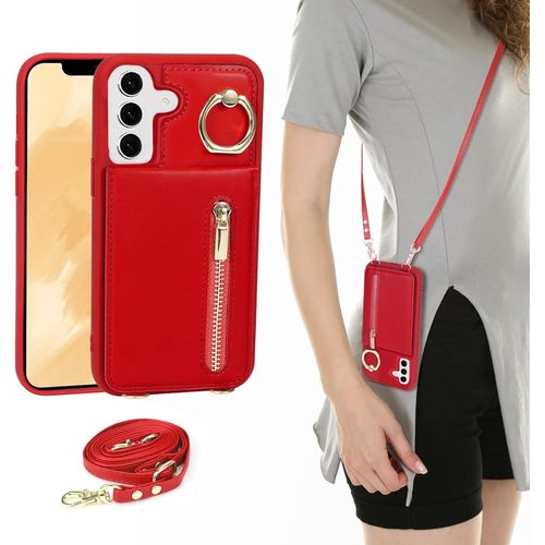 ERYI-Coque Pour Samsung Galaxy S25 Sangle Réglable Pour Femme Étui Avec Zippé Portefeuille Avec Porte Carte Rfid Pochette Housse En Cuir Avec Réglable Anneau-Rouge