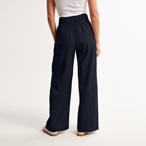 Pantalon Femme En Coton Et Lin, Taille Élastique, Jambes Larges, Bleu Foncé M