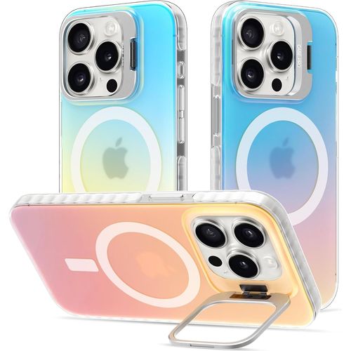 Eryi-Coque Béquille Pour Iphone 15 Pro Compatible Avec Magsafe, Magnétique Irisée Étui Housse Avec Support Anneau Caméra Intégré Iridescent Mate Colorée Antichoc Translucide Irisé Case