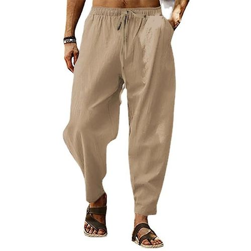 Pantalon Ample En Coton Et Lin Respirant Pour Hommes Kaki Xxxl