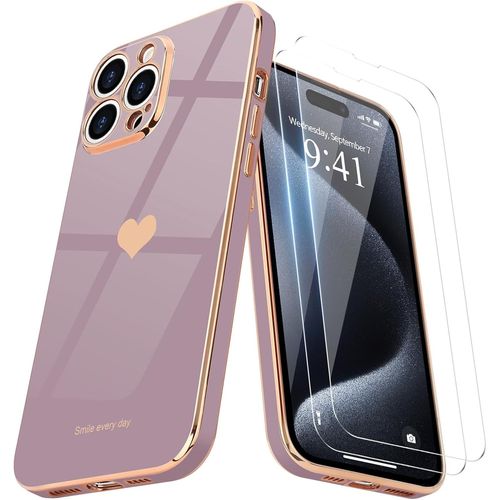 Eryi-Coque Pour Iphone 15 Pro Avec 2 Films De Protection D'écran, Tpu Galvanisé Avec Motif Coeur D'amour Étui Antichoc Pour Filles Femmes Housse Pour Iphone 15 Pro, Lavande