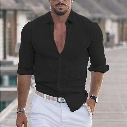 Chemise De Plage À Revers En Coton Et Lin Pour Hommes, Noir Xxl