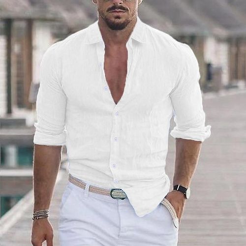 Chemise De Plage À Revers En Coton Et Lin Pour Hommes Blanc Xl