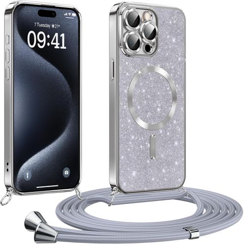 Eryi-Coque Pour Iphone 15 Pro Avec Cordon, Etui À Paillettes Compatible Avec Magsafe, Antichoc Protection Coque Pour Magnétique Avec Réglable Collier, Argenté