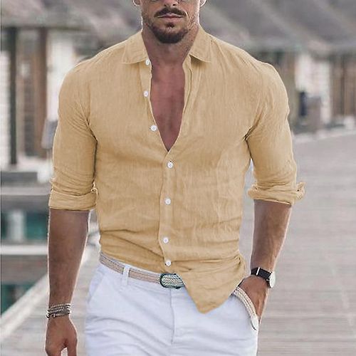 Chemise De Plage À Revers En Coton Et Lin Pour Hommes Kaki M