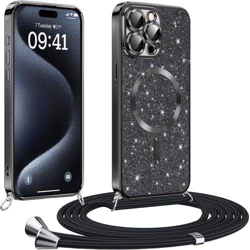 Eryi-Coque Pour Iphone 15 Pro Avec Cordon, Etui À Paillettes Compatible Avec Magsafe, Antichoc Protection Coque Pour Magnétique Avec Réglable Collier, Noir