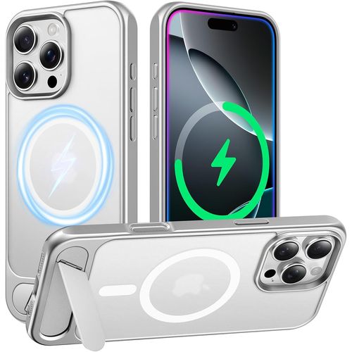 Eryi-Coque Pour Iphone 16 Pro 6,3"" Avec Support Réglable, Compatible Avec Magsafe, Protection De Qualité Militaire, Dos Translucide Mat Avec Béquille Antichoc Étui Housse - Argenté