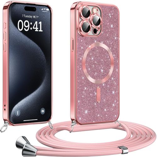 Eryi-Coque Pour Iphone 15 Pro Avec Cordon, Etui À Paillettes Compatible Avec Magsafe, Antichoc Protection Coque Pour Magnétique Avec Réglable Collier, Rosa