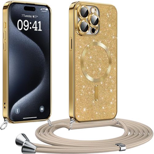 Eryi-Coque Pour Iphone 15 Pro Avec Cordon, Etui À Paillettes Compatible Avec Magsafe, Antichoc Protection Coque Pour Magnétique Avec Réglable Collier, Doré