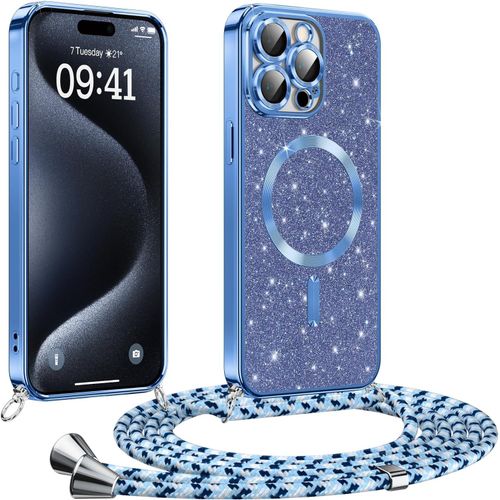 Eryi-Coque Pour Iphone 15 Pro Avec Cordon, Etui À Paillettes Compatible Avec Magsafe, Antichoc Protection Coque Pour Magnétique Avec Réglable Collier, Bleu