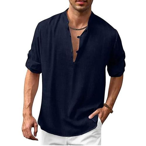 Chemise À Manches Longues En Lin Pour Hommes, Bleu Foncé S