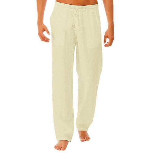 Pantalon Homme En Coton Et Lin Jaune Clair Xl