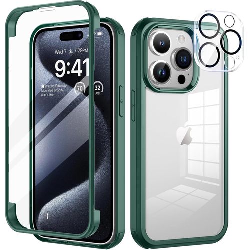 Eryi-Coque Pour Iphone 15 Pro 6,1 Pouces, Antichoc Housse Avec Verre Trempé Protection Écran +[9h Dureté Caméra Arrière Protecteur] Full Body Protection Integrale Bumper Rubuste Etui -Vert